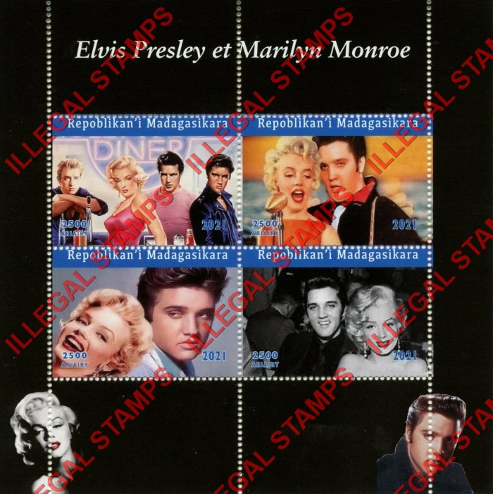 Madagascar 2021 Elvis Presley and Marilyn Monroe Illegal Stamp Souvenir Sheet of 4