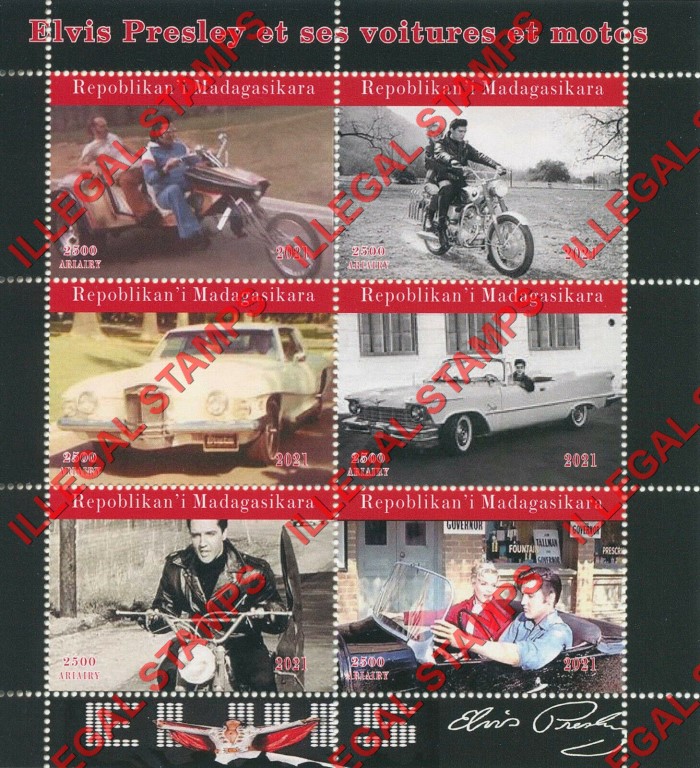 Madagascar 2021 Elvis Presley and his Cars and Motorcycles Illegal Stamp Souvenir Sheets of 6