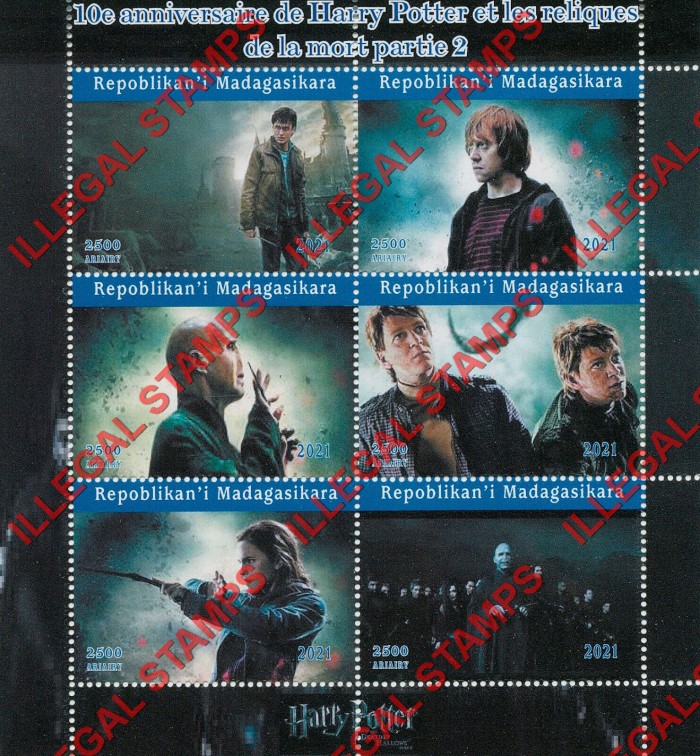 Madagascar 2021 Harry Potter Deaths Hollow Part 2 Illegal Stamp Souvenir Sheet of 6