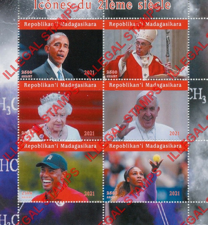 Madagascar 2021 Icons of the 21st Century Illegal Stamp Souvenir Sheet of 6
