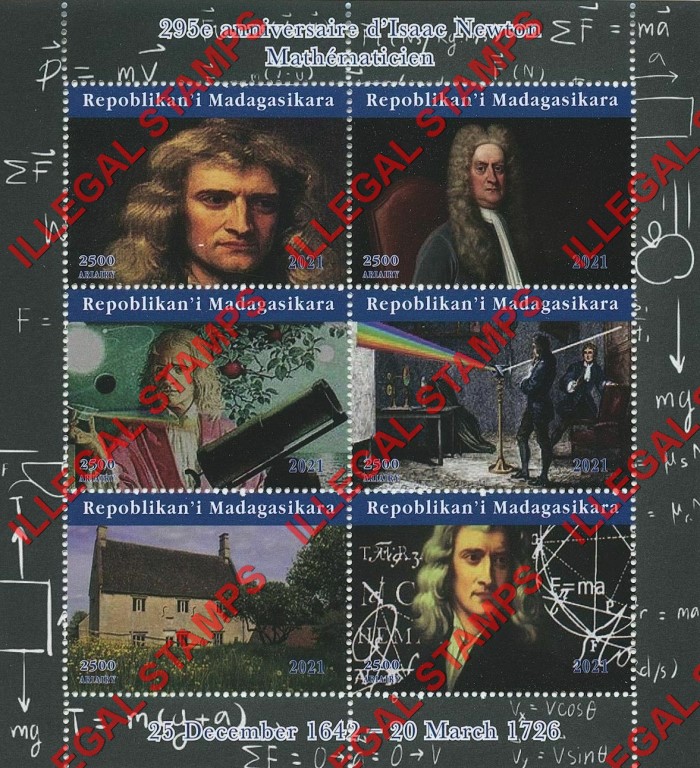 Madagascar 2021 Isaac Newton Illegal Stamp Souvenir Sheet of 6
