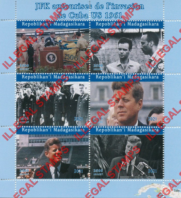Madagascar 2021 John F. Kennedy Invasion of Cuba Bay of Pigs Illegal Stamp Souvenir Sheet of 6 (Sheet 1)