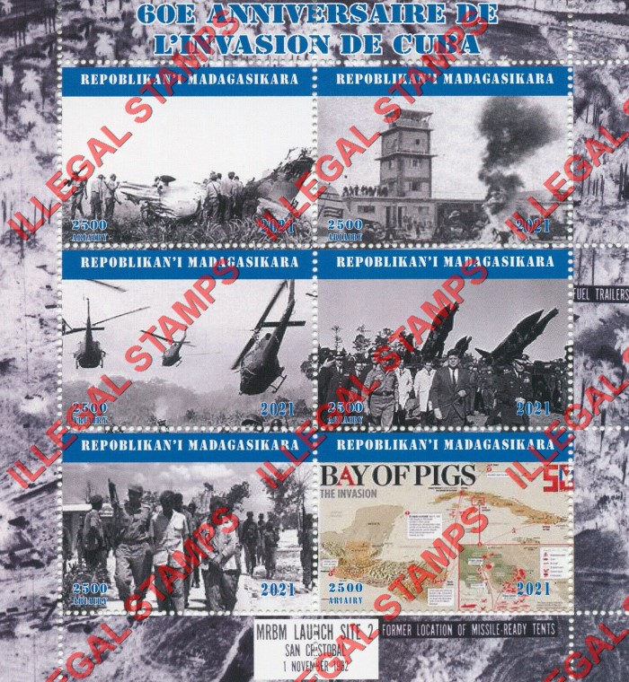 Madagascar 2021 John F. Kennedy Invasion of Cuba Bay of Pigs Illegal Stamp Souvenir Sheet of 6 (Sheet 2)