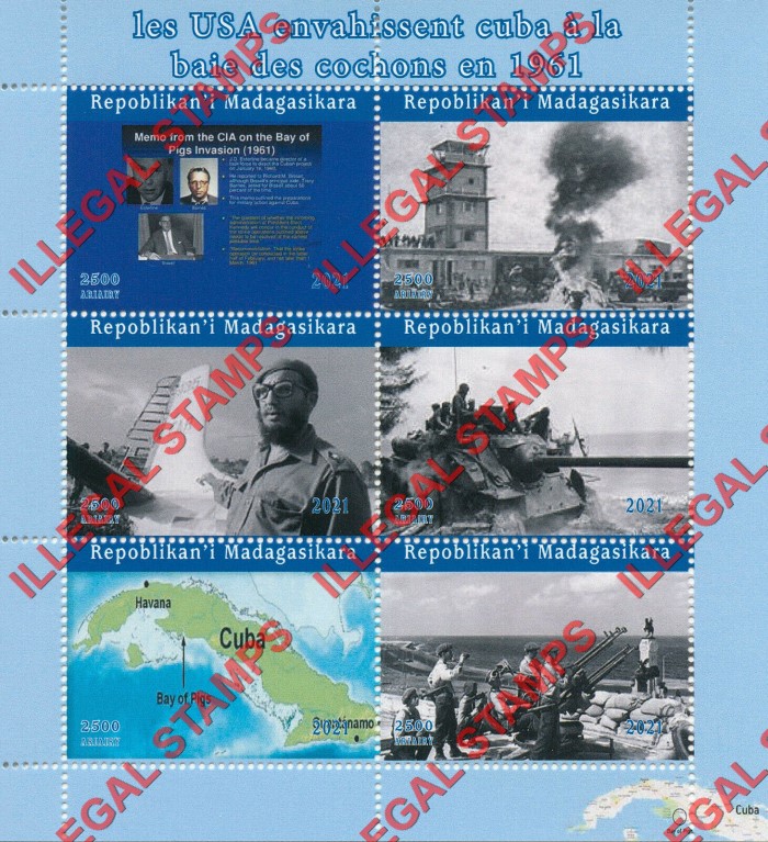 Madagascar 2021 John F. Kennedy Invasion of Cuba Bay of Pigs Illegal Stamp Souvenir Sheet of 6 (Sheet 3)