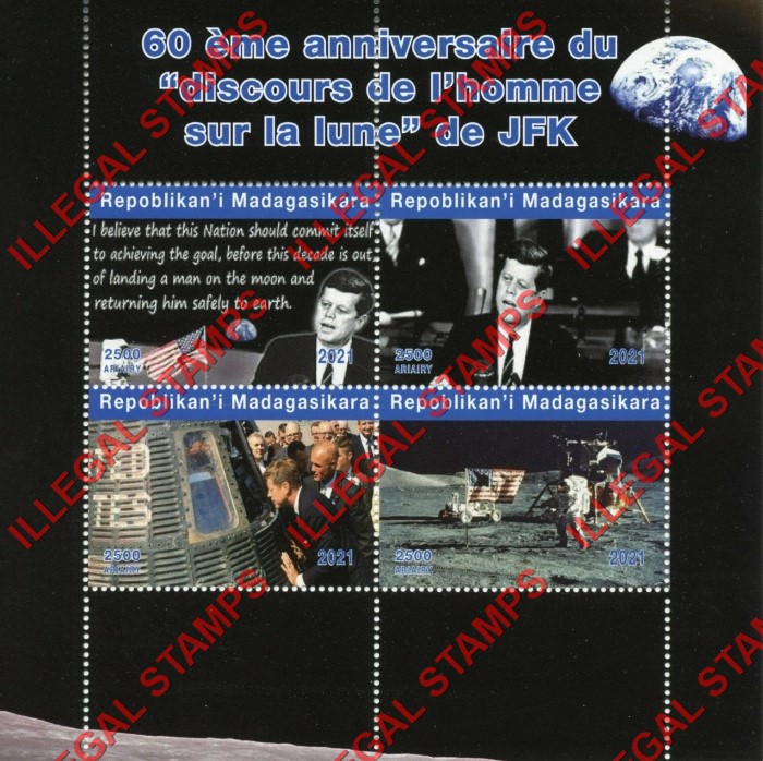 Madagascar 2021 John F. Kennedy Moon Landing Illegal Stamp Souvenir Sheet of 4