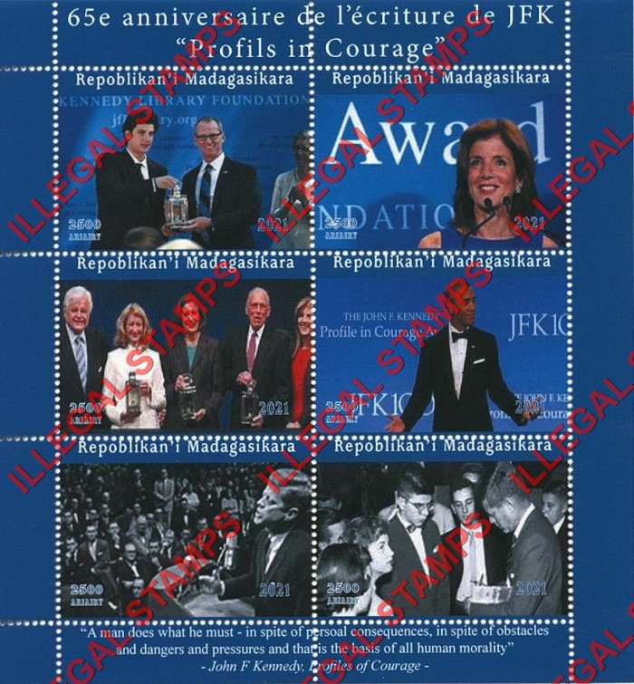 Madagascar 2021 John F. Kennedy Profiles of Courage Awards Illegal Stamp Souvenir Sheet of 6