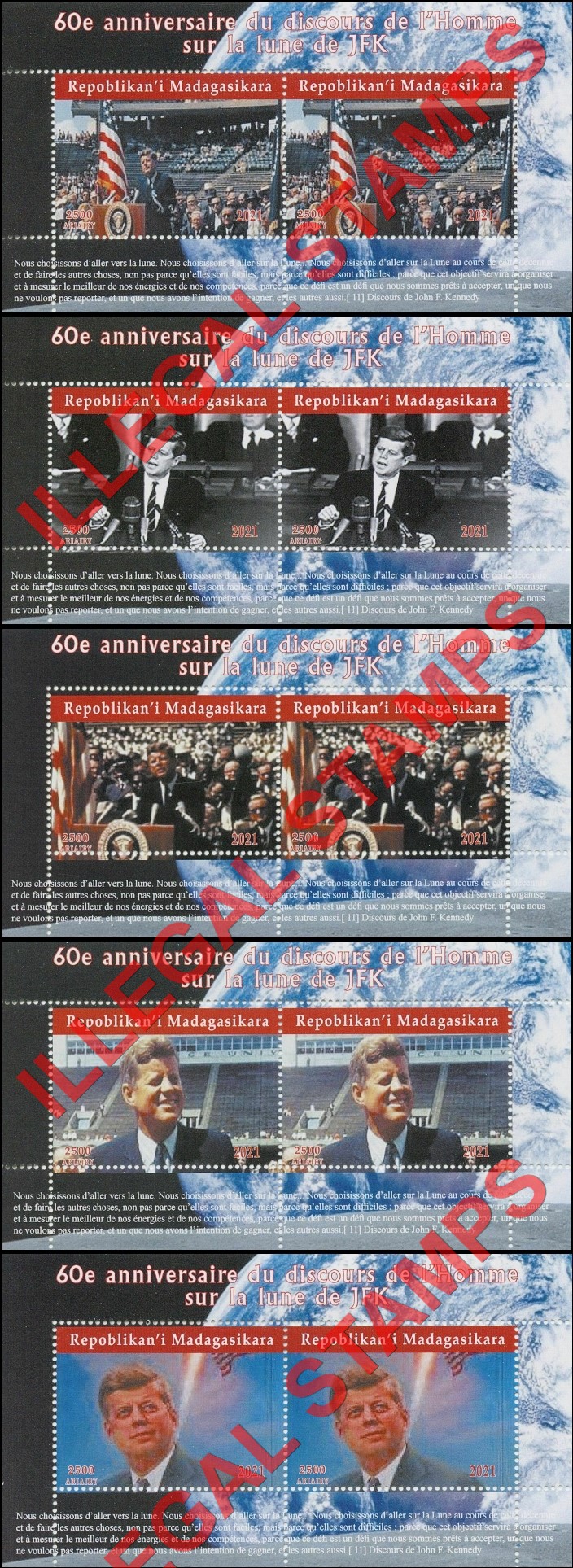 Madagascar 2021 John F. Kennedy First Man on the Moon Speech Illegal Stamp Souvenir Sheets of 2