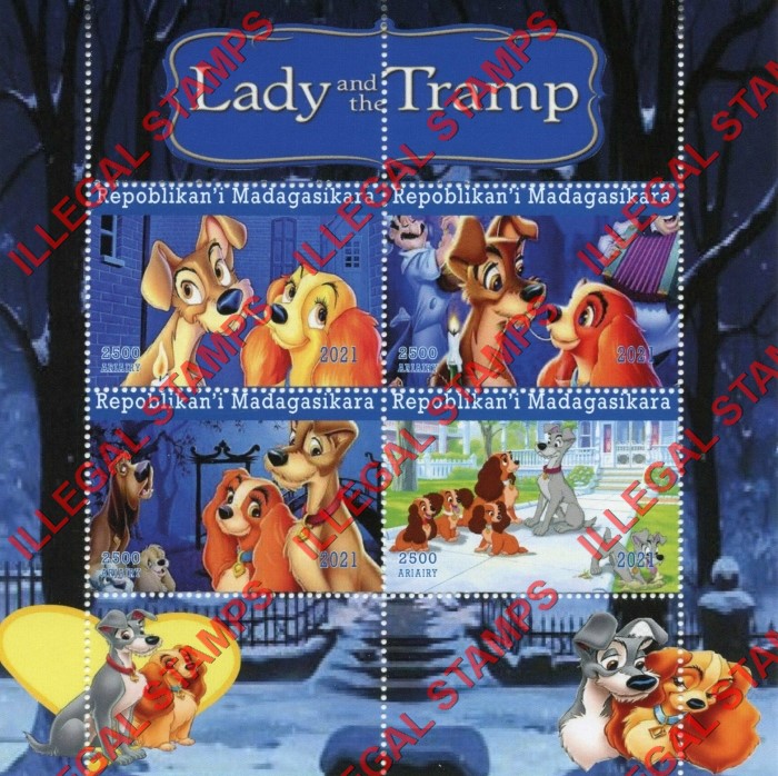 Madagascar 2021 Lady and the Tramp Illegal Stamp Souvenir Sheet of 4