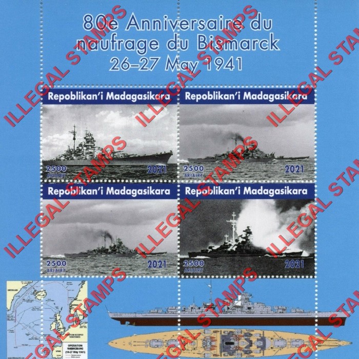 Madagascar 2021 Military Ships Sinking of the Bismarck Illegal Stamp Souvenir Sheet of 4