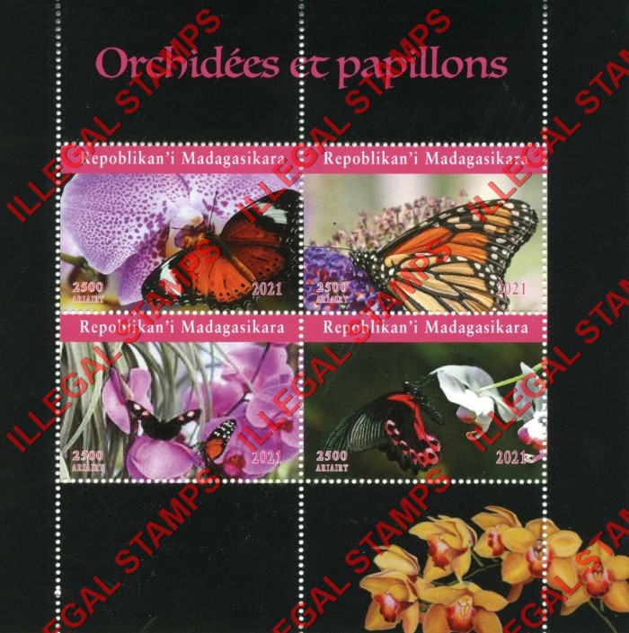 Madagascar 2021 Orchids and Butterflies Illegal Stamp Souvenir Sheet of 4