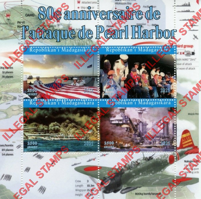 Madagascar 2021 Pearl Harbor Illegal Stamp Souvenir Sheet of 4