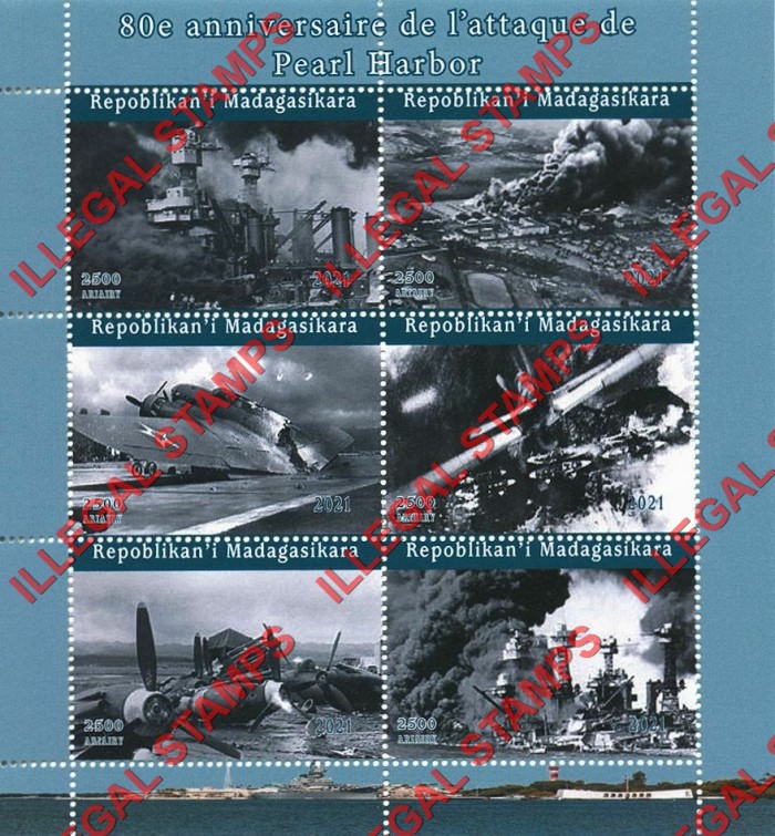 Madagascar 2021 Pearl Harbor Illegal Stamp Souvenir Sheet of 6