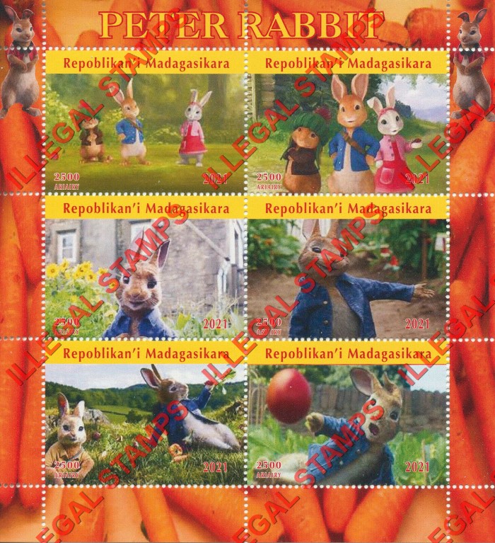 Madagascar 2021 Peter Rabbit by Beatrix Potter Illegal Stamp Souvenir Sheet of 6