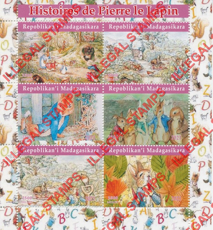 Madagascar 2021 Peter Rabbit History by Beatrix Potter Illegal Stamp Souvenir Sheet of 6