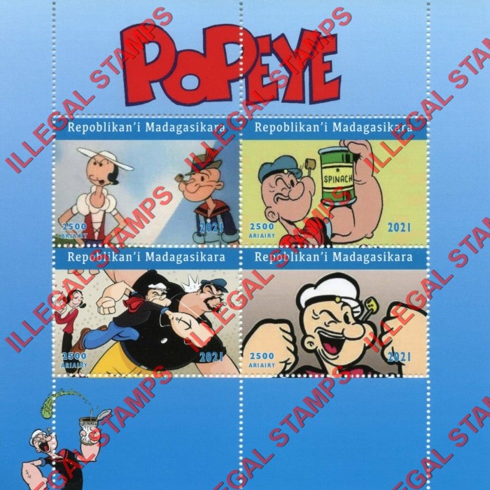 Madagascar 2021 Popeye the Sailor Illegal Stamp Souvenir Sheet of 4