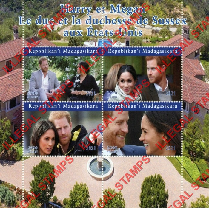 Madagascar 2021 Prince Harry and Megan in the United States Illegal Stamp Souvenir Sheet of 4