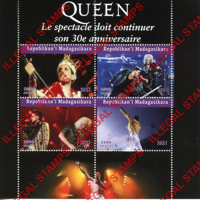 Madagascar 2021 Queen Rock Band Freddie Mercury Illegal Stamp Souvenir Sheet of 4