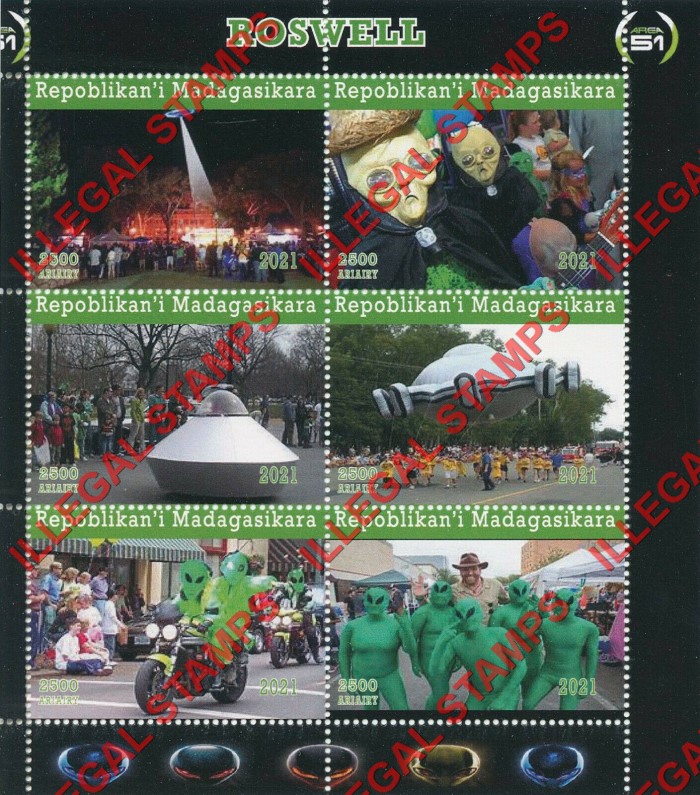 Madagascar 2021 Roswell Area 51 Illegal Stamp Souvenir Sheets of 6