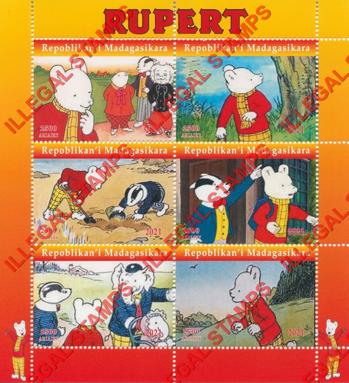 Madagascar 2021 Rupert Comic Strip Illegal Stamp Souvenir Sheet of 6