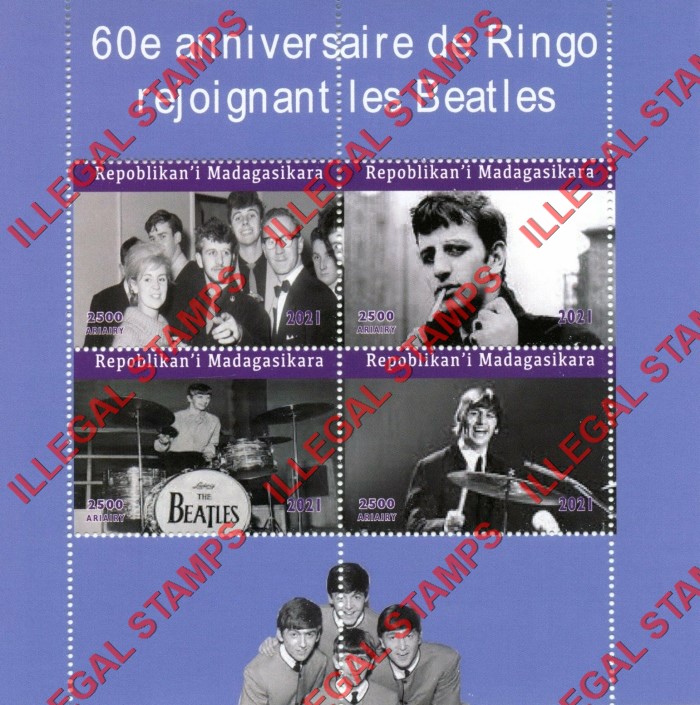 Madagascar 2021 The Beatles 60th Anniversary of Ringo Star Joining the Band Illegal Stamp Souvenir Sheet of 4