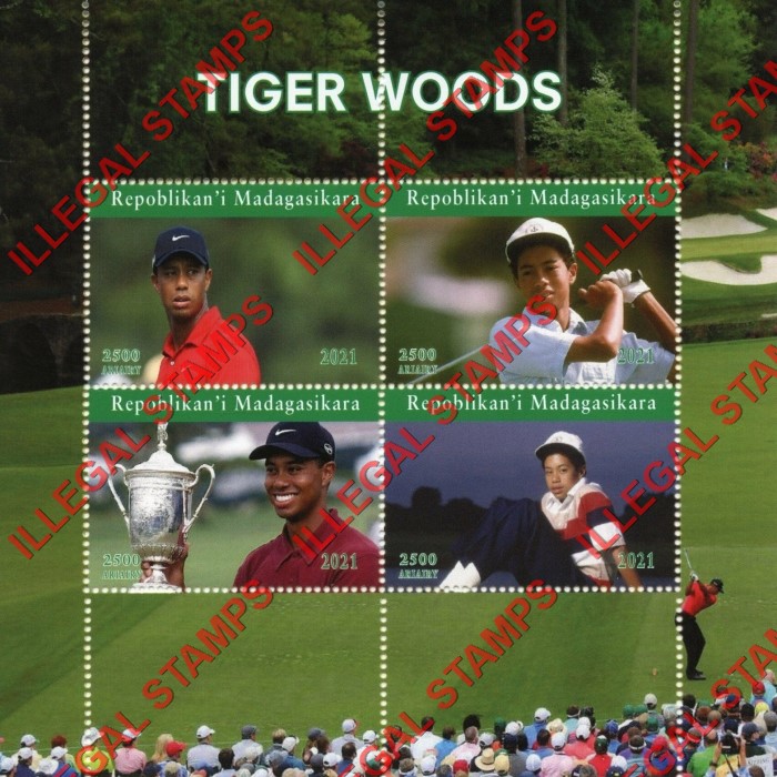 Madagascar 2021 Tiger Woods Golf Illegal Stamp Souvenir Sheet of 4