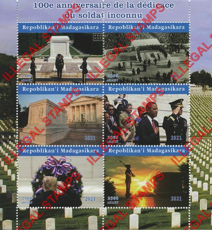 Madagascar 2021 Tomb of the Unknown Soldier Illegal Stamp Souvenir Sheet of 6