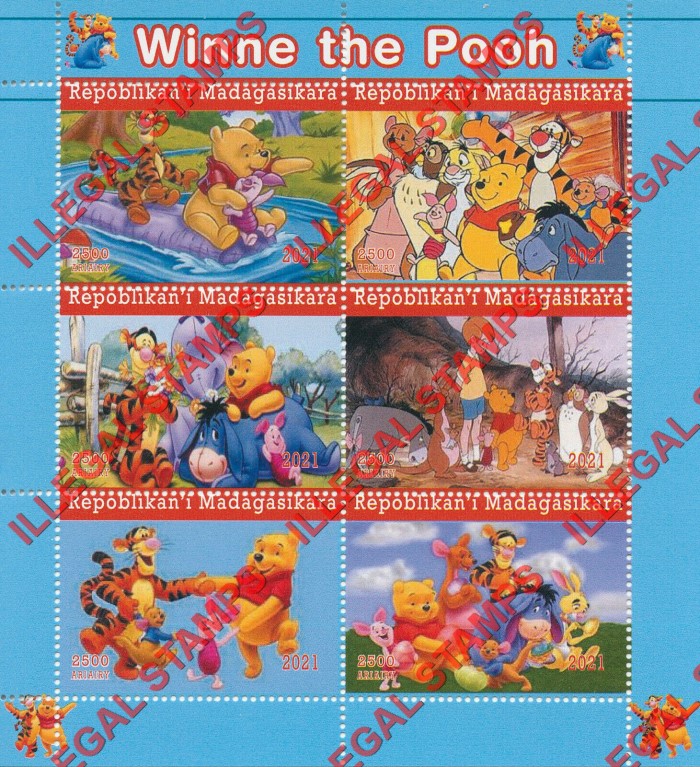 Madagascar 2021 Winnie the Pooh Illegal Stamp Souvenir Sheet of 6