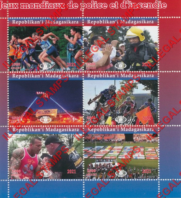Madagascar 2021 World Police and Firefighters Games Illegal Stamp Souvenir Sheets of 6