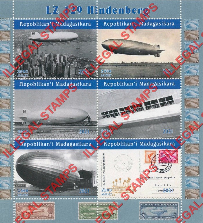 Madagascar 2021 Zeppelins Hindenberg Illegal Stamp Souvenir Sheets of 6