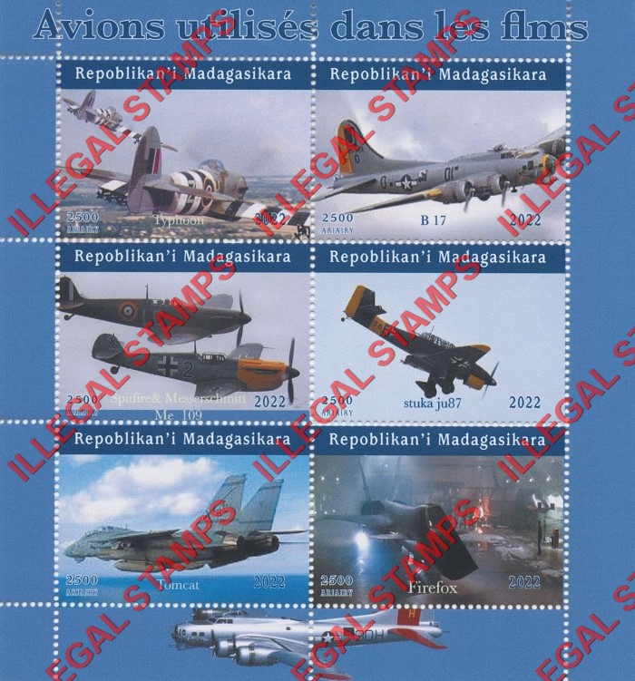Madagascar 2022 Aircraft in Movies Illegal Stamp Souvenir Sheet of 6 (Sheet 1)