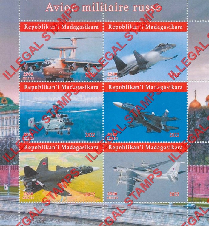 Madagascar 2022 Aircraft Russian Military Illegal Stamp Souvenir Sheet of 6