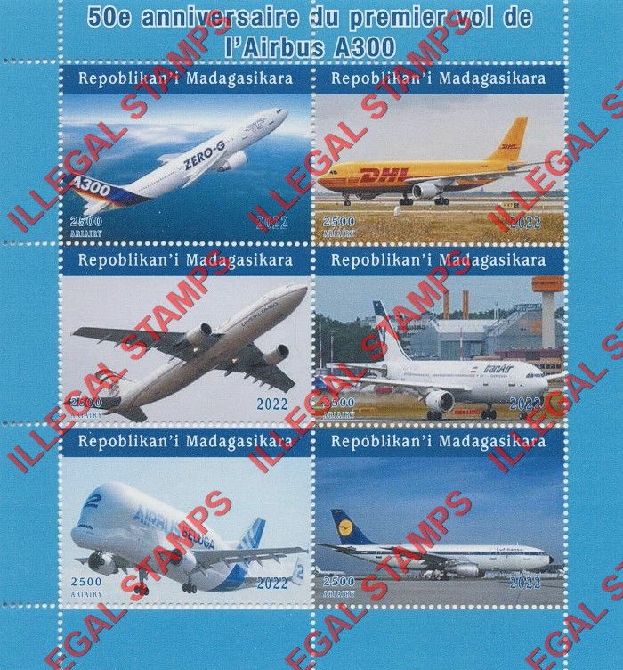 Madagascar 2022 Airplanes Commercial Jets Airbus A300 Illegal Stamp Souvenir Sheet of 6