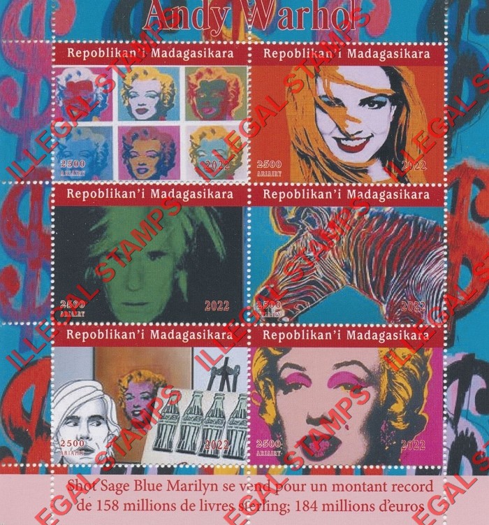 Madagascar 2022 Andy Warhol Marilyn Monroe Pop Art Illegal Stamp Souvenir Sheet of 6