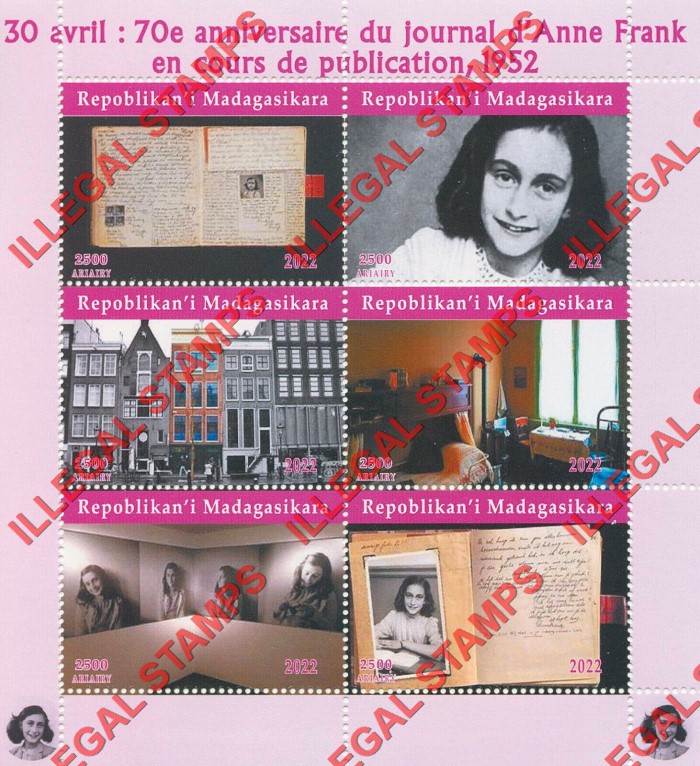 Madagascar 2022 Anne Frank Publication Illegal Stamp Souvenir Sheet of 6
