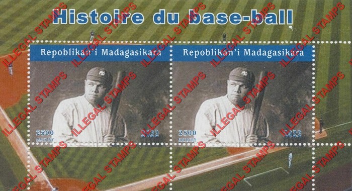 Madagascar 2022 Baseball History Babe Ruth Illegal Stamp Souvenir Sheet of 2