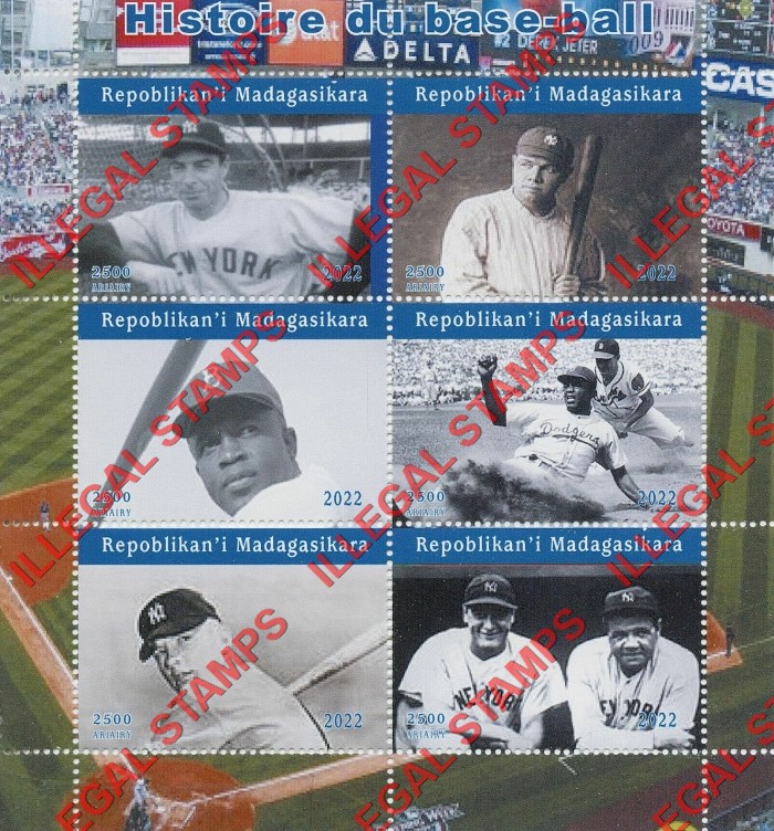 Madagascar 2022 Baseball History Joe DiMaggio Illegal Stamp Souvenir Sheet of 6