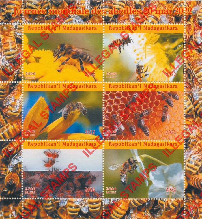 Madagascar 2022 Bees World Bee Day Illegal Stamp Souvenir Sheet of 6