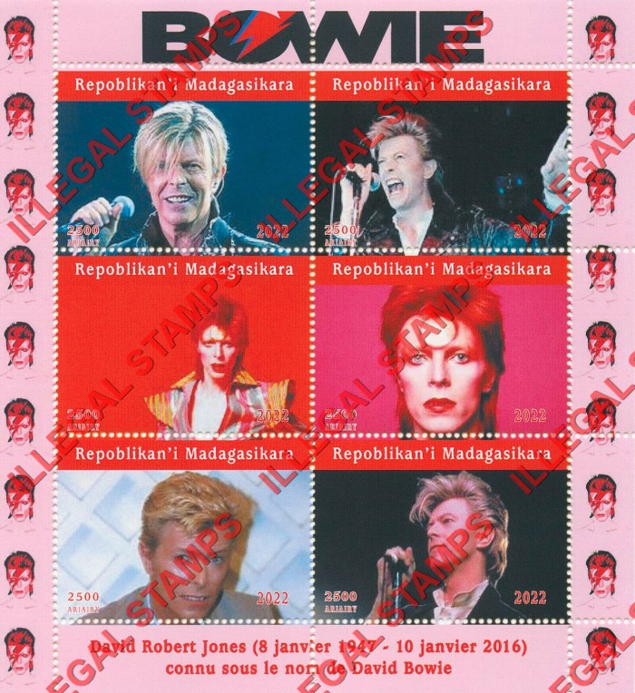 Madagascar 2022 David Bowie Illegal Stamp Souvenir Sheet of 6