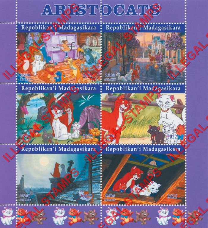 Madagascar 2022 Disney Aristocats Illegal Stamp Souvenir Sheet of 6 (Sheet 1)