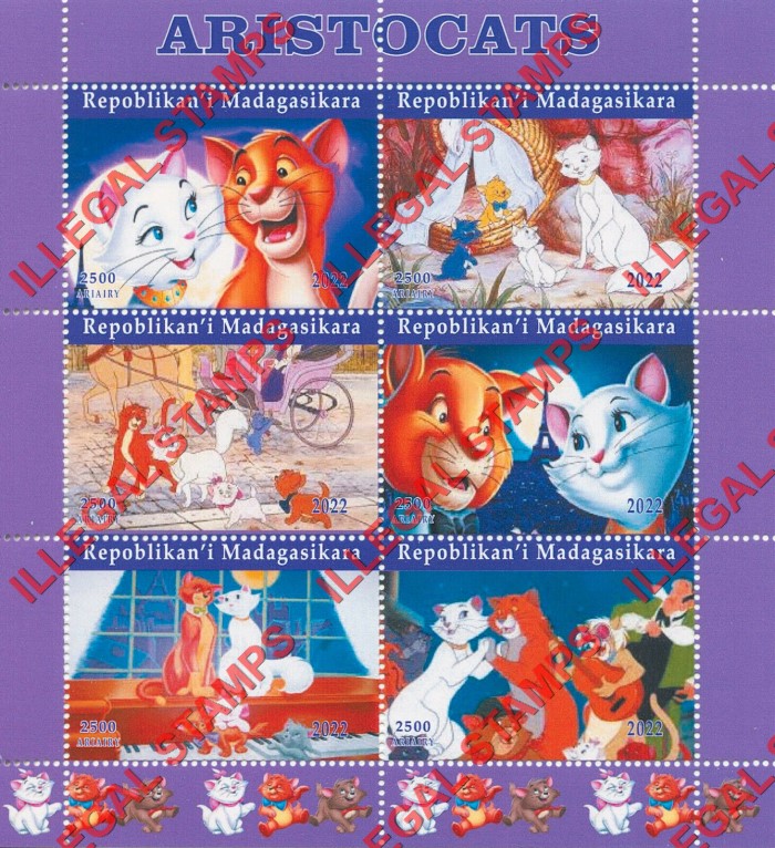 Madagascar 2022 Disney Aristocats Illegal Stamp Souvenir Sheet of 6 (Sheet 2)