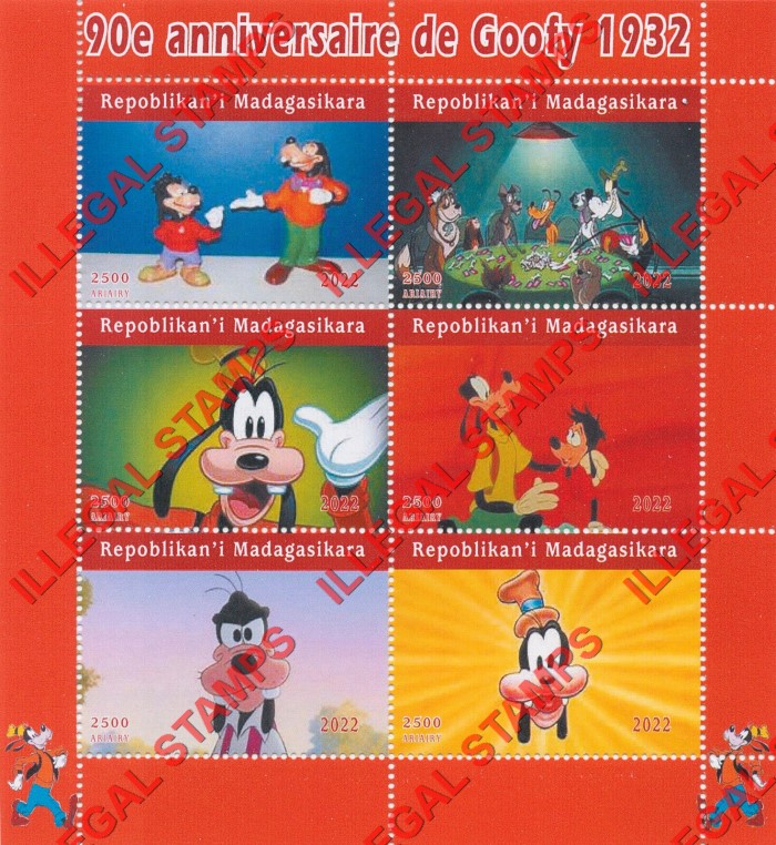 Madagascar 2022 Disney Goofy Illegal Stamp Souvenir Sheet of 6