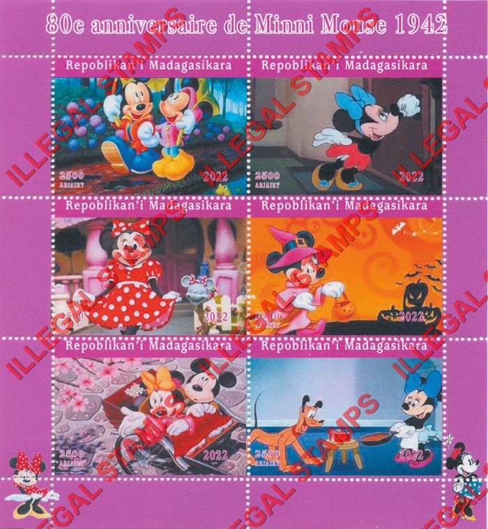 Madagascar 2022 Disney Minnie Mouse Illegal Stamp Souvenir Sheet of 6