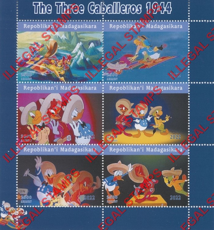 Madagascar 2022 Disney The Three Caballeros 1944 Illegal Stamp Souvenir Sheet of 6