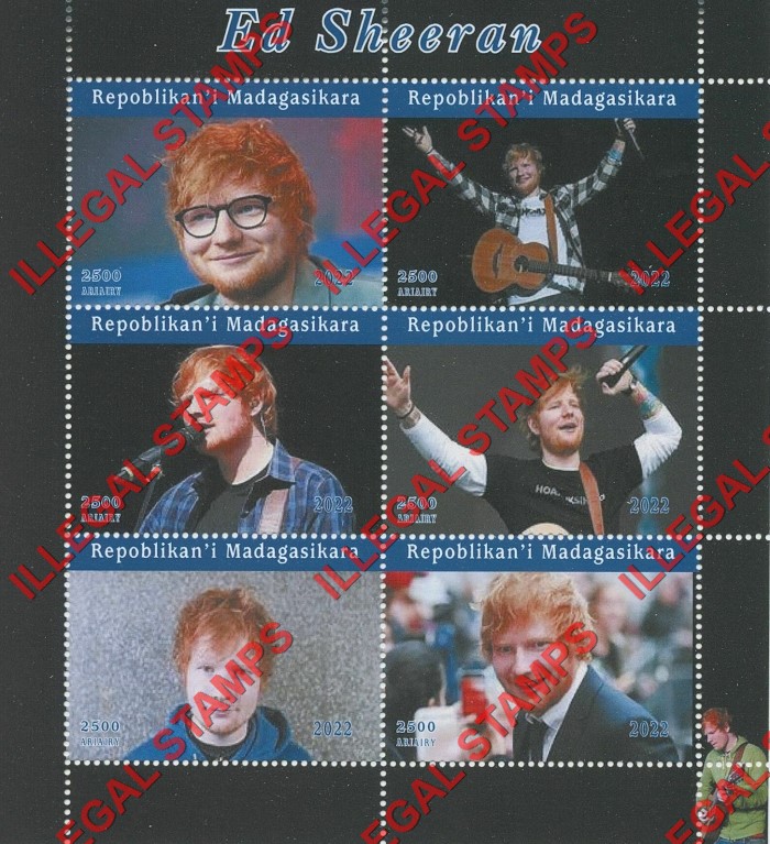 Madagascar 2022 Ed Sheeran Illegal Stamp Souvenir Sheet of 6