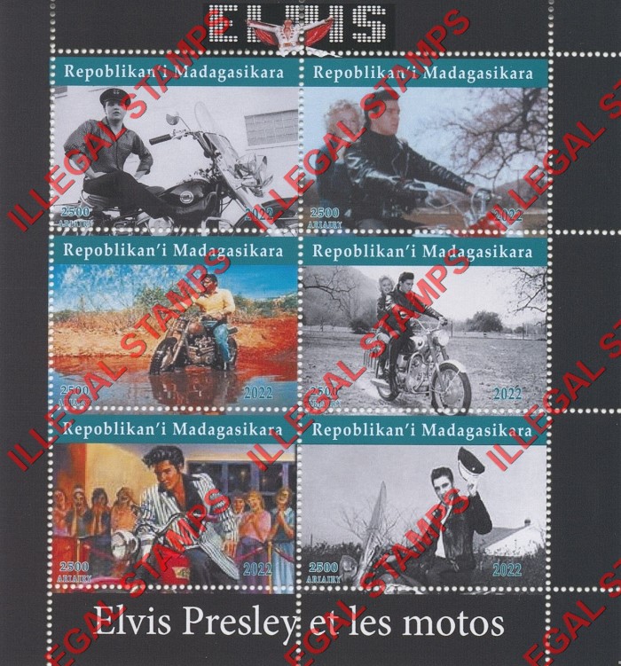 Madagascar 2022 Elvis Presley on Motorcycles Illegal Stamp Souvenir Sheet of 6