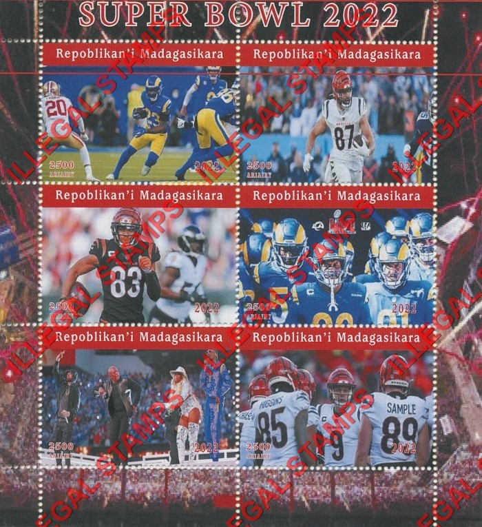 Madagascar 2022 Football Super Bowl Illegal Stamp Souvenir Sheet of 6