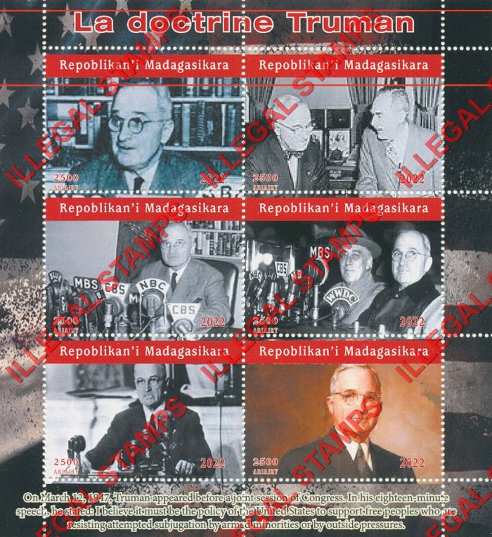 Madagascar 2022 Harry Truman Doctrine Illegal Stamp Souvenir Sheet of 6