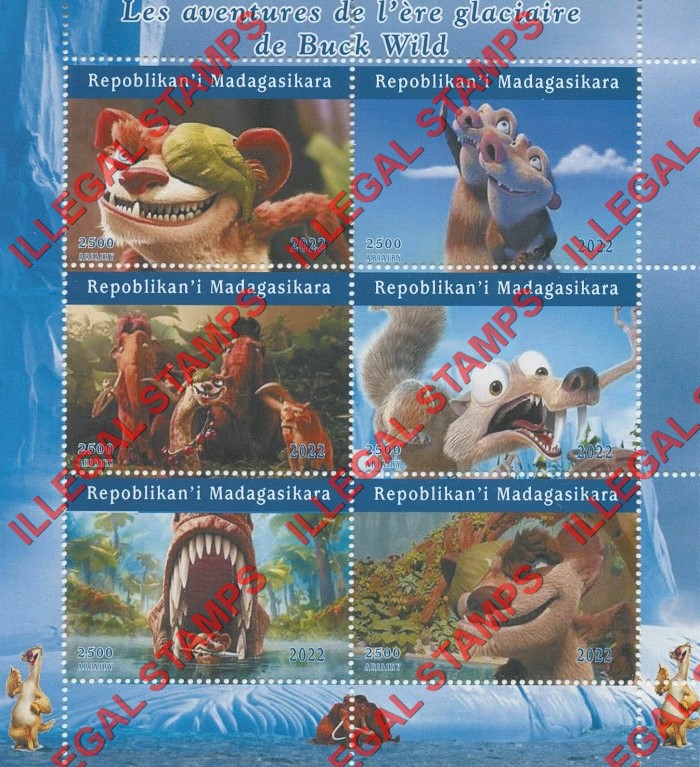 Madagascar 2022 Ice Age Adventures of Buck Wild Cartoon Illegal Stamp Souvenir Sheet of 6