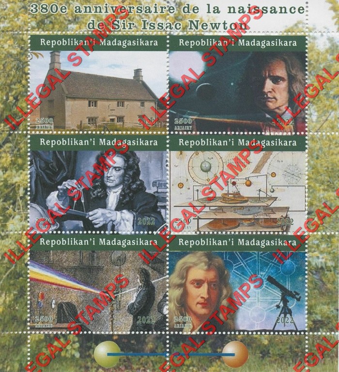 Madagascar 2022 Isaac Newton Illegal Stamp Souvenir Sheet of 6