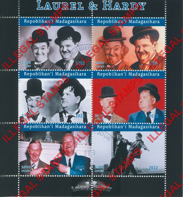 Madagascar 2022 Laurel and Hardy Illegal Stamp Souvenir Sheet of 6